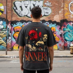 Puede incluir: Camiseta gris oscuro con un diseño gráfico que presenta una imagen roja y negra de una cara, una cruz y la palabra "SINNERS" en naranja. La camiseta tiene un aspecto vintage y desgastado.