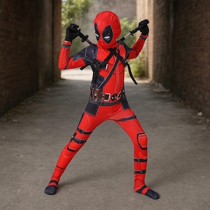 May include: A red and black full-body jumpsuit costume featuring a matching hood with white eye patches. The outfit includes black straps across the chest, a printed utility belt, and black gloves. Two toy swords are positioned behind the shoulders.