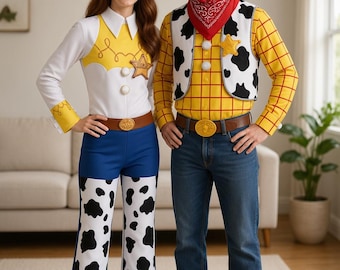 Woody and Jessie Couple Family Halloween Outfit, Woody Cosplay with Cape and shirts and trousers,Cowboy Outfit for Halloween Party