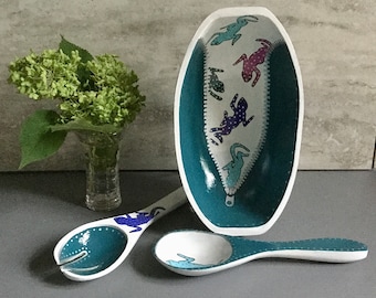 Salad bowl set/ bowl and utensils/ hand painted bowl