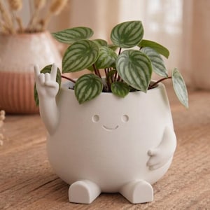May include: A white ceramic planter shaped like a cartoon character, with a smiling face, arms, and legs. The planter holds a small green plant with striped leaves. One arm is raised in a rock-and-roll gesture.