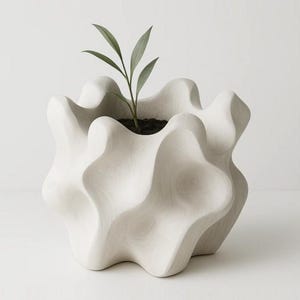 May include: A white, organically shaped planter with a wavy design. The planter holds soil and a small green plant. The modern, sculptural design of the planter adds a unique touch to any home decor.