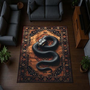 Tappeto gotico a forma di serpente – Grande serpente in un design orientale – Decorazione occulta wiccan – Tappetino pagano nero e rosso – Stile Dark Academia