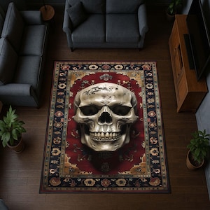 Gothic Skull Rug – Red Black Occult Carpet with Cracked Skull, Oriental Gothic Floor Decor, Witchy Home Aesthetic, Dark Academia Style