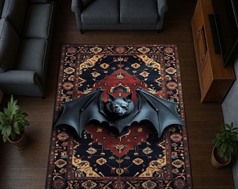 Gothic Bat Rug – Victorian Occult Oriental Area Rug | Washable Chenille Rug with Bat Motif | Dark Academia Vampire Home Decor