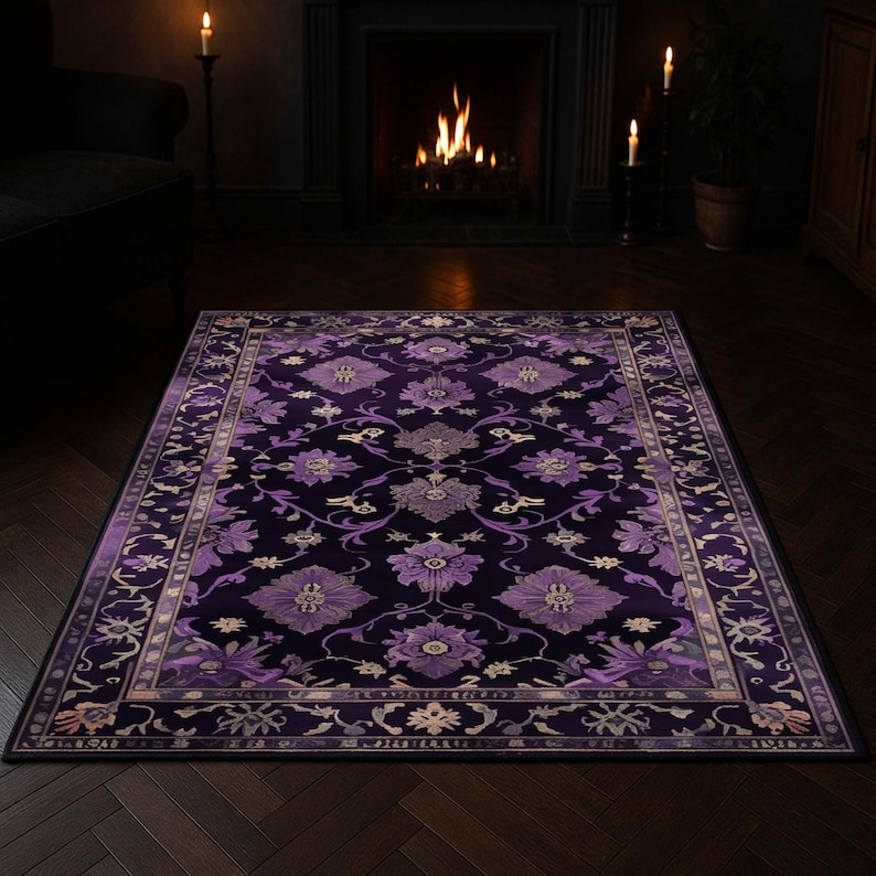 Gothic Purple Rug – Victorian Floral Chenille Carpet With Dark Academia ...