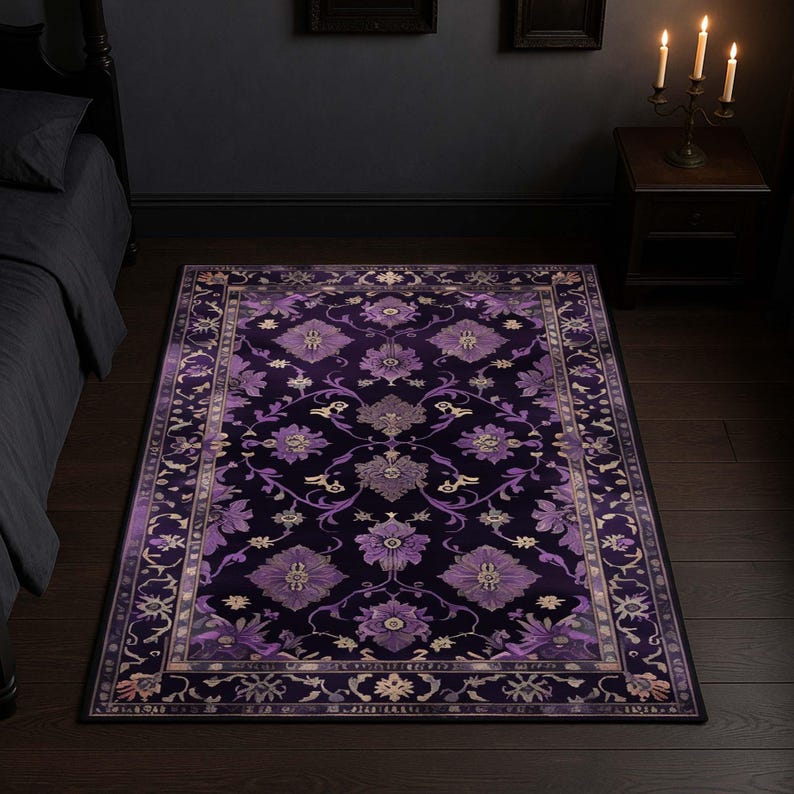 Gothic Purple Rug – Victorian Floral Chenille Carpet With Dark Academia ...