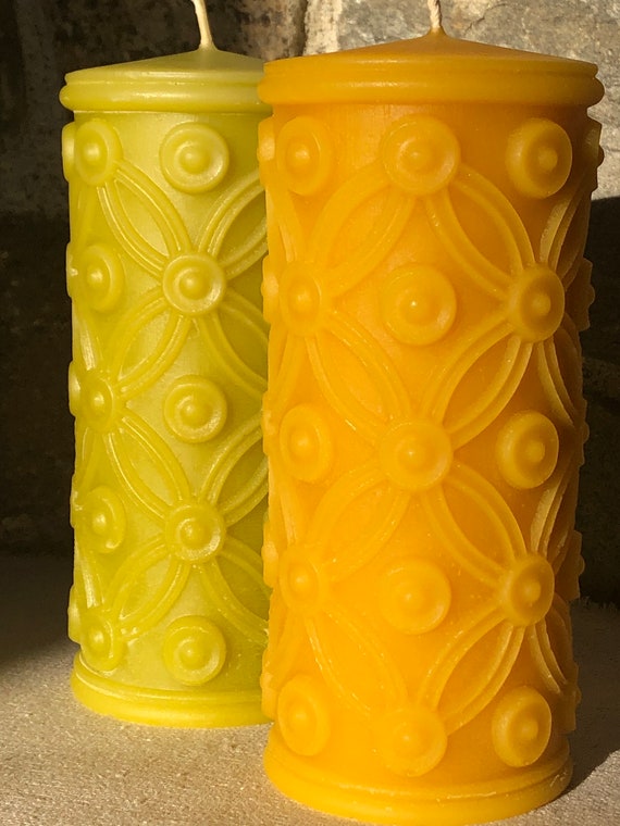 Pure Beeswax German Geometric Floral Pillar in Natural, Orange,Red and Light Green