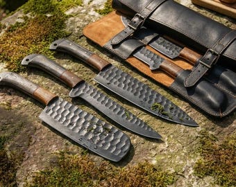 Hand Forged Damascus Steel 5PCS Chef Knife Set, Walnut Wood Handle