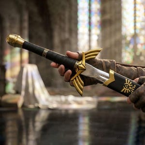 Può includere: Primo piano di una spada con impugnatura nera e dettagli dorati. La lama è argentata e l'elsa presenta un design a stella. La spada è tenuta in mano, con una manica in pelle visibile. Replica della Spada Suprema di Zelda.