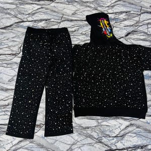 Black Rhinestone Pure Cotton Heavyweight Tracksuit | Unisex Luxury Jogger Set | Customizable Tracksuit