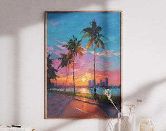 Könnte beinhalten: Gerahmter Kunstdruck einer tropischen Sonnenuntergangsszene. Das Gemälde zeigt Palmen vor einem lebendigen Himmel aus Rosa, Orange und Blau. Eine Straße führt zum Wasser, mit Stadtgebäuden in der Ferne.