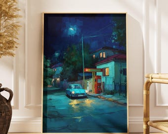 Pintura callejera nocturna: coche clásico, arte mural urbano