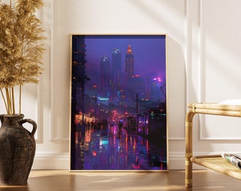 Cyberpunk City Print: Neon Nightscape, Sci-Fi Vaporwave Art