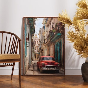 Havana Cuba Art Print: Vintage Red Car Photography, Retro Travel Decor