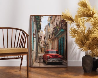 Havana Cuba Art Print: Vintage Red Car Photography, Retro Travel Decor