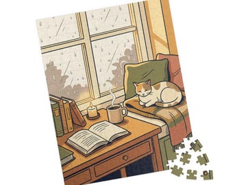 Cozy Rainy Day Jigsaw Puzzle - Lo-Fi Aesthetic Cat & Coffee Puzzle - Cottagecore Decor Gift - Relaxing Activity