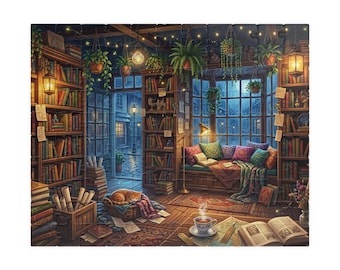 Moonlit Bookshop Puzzle, Cozy Bookstore Jigsaw Puzzle, Book Lover Gift, Rainy Night Reading Puzzle, Cottagecore Puzzle,