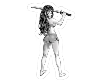 Anime Samurai Girl Sticker - Manga Aesthetic Vinyl Decal for Laptops and Water Bottles - Katana Warrior Art - Hand-Drawn Character Decal