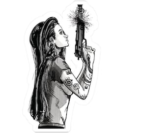 Cyberpunk Anime Girl Sticker – Tattooed Woman Vinyl Decal, Manga Art, Gritty Character Laptop Sticker