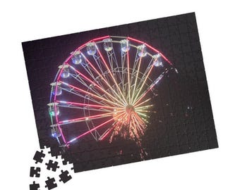Neon Ferris Wheel Jigsaw Puzzle, Night Landscape Puzzle for Adults, Cyberpunk Carnival Aesthetic Gift, Challenging Photography Puzzle