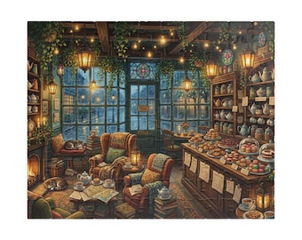 Cozy Tea House Puzzle, Book Lover Gift, Cottagecore Jigsaw Puzzle, Cat Puzzle for Adults, Rainy Day Puzzle, Tea Lover Gift, Cozy Cafe Puzzle