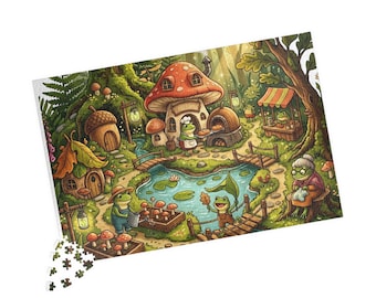 Frog Village Puzzle | Whimsical Cottagecore Forest Scene Jigsaw