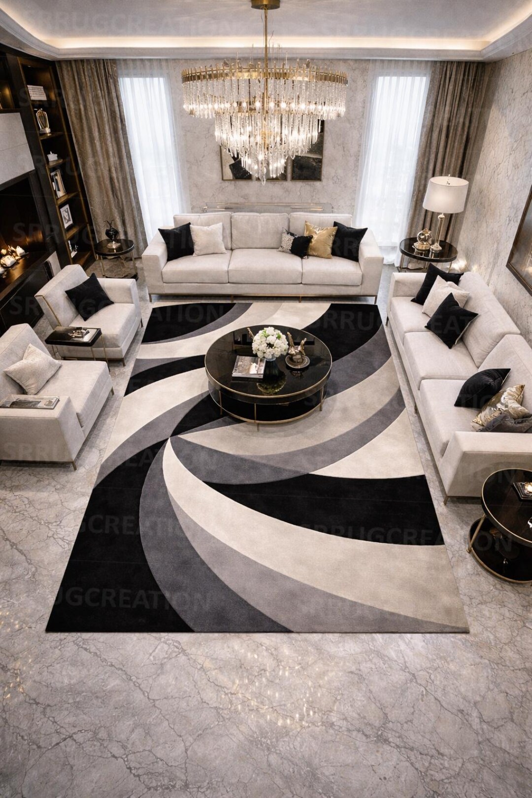 Hand Tufted Wool Area Rug – Modern Black Grey Ivory Swirl Carpet ...