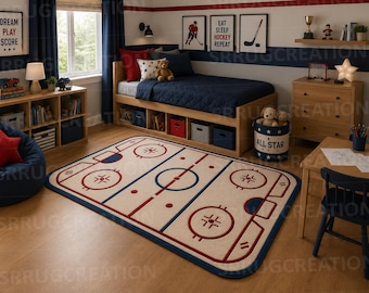 Hand Tufted Hockey Rink Rug, Wool Sports Area Rug, Kids Hockey Room Decor, Ice Hockey Nursery Rug, Game Room Carpet, Custom Hockey Gift Rug