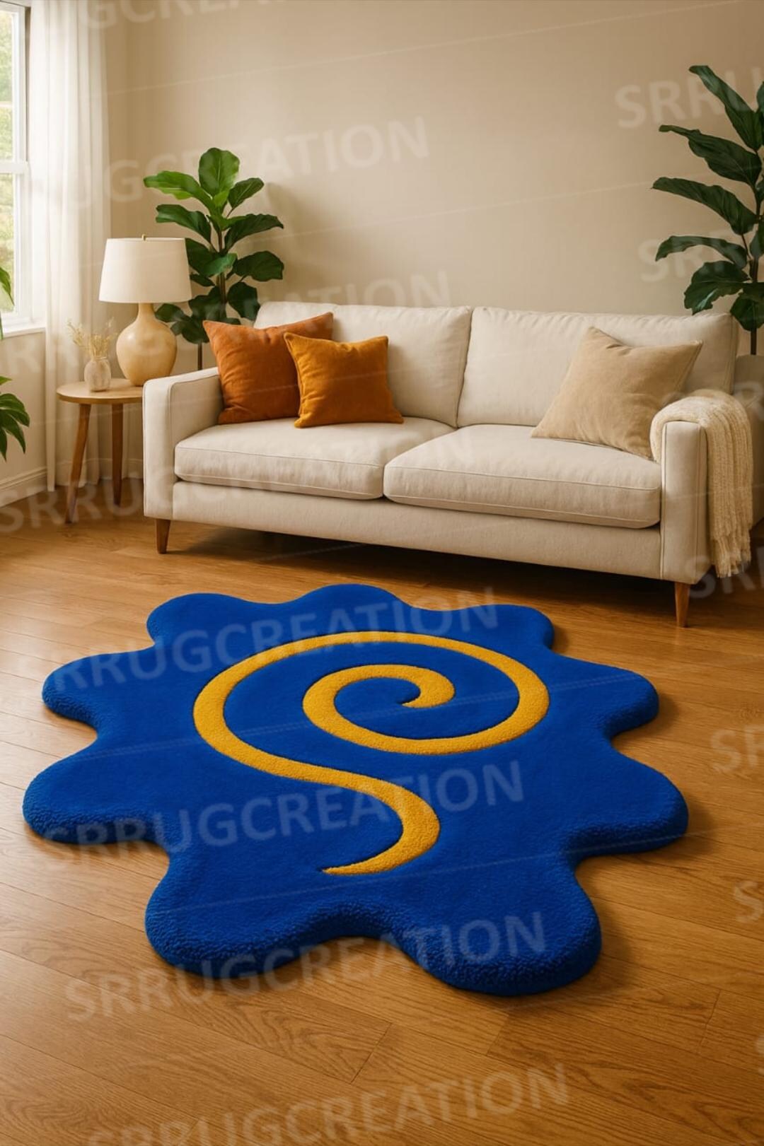 Hand Tufted Wool Rug | Blue Splat Shape Rug With Yellow Spiral | Modern ...