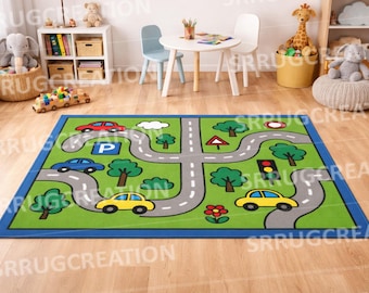 Hand-Tufted Wool Play Rug | Kids Road Map Carpet | Soft Nursery Area Rug | Eco-Friendly Rug, Handmade Playroom Rug For Toddlers & Children
