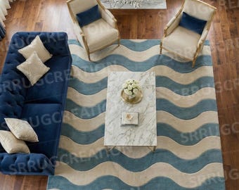 Handgetuft wollen vloerkleed van 4x6 meter, modern vloerkleed met golvend patroon, blauw-crème Scandinavisch tapijt voor woonkamer, slaapkamer en andere interieurdecoratie.