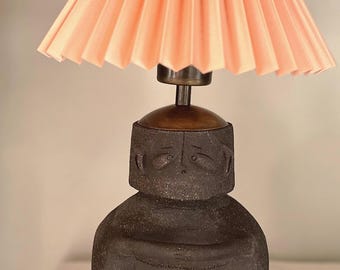Handmade Sculptural Stoneware Lamp: Black Ceramic Base, Orange Pleated Shade