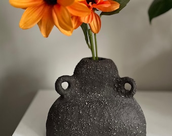 Handmade Ceramic Vase Black Stoneware: Unglazed Textured Ceramic, 13.5cm