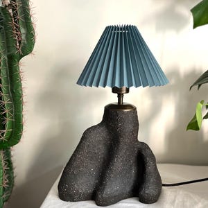 Handmade Black Ceramic Lamp: Sculptural Ceramic Table Light with Teal Shade