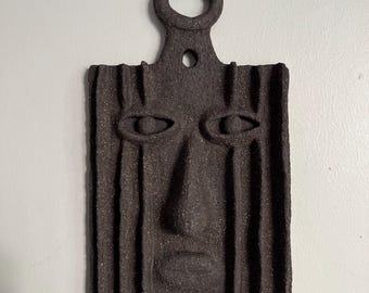 Handmade Black Ceramic Wall Mask – Textured Face Sculpture, Modern Primitive Home Decor