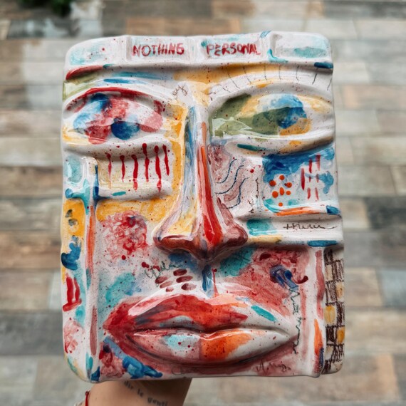 Handmade Ceramic Face Wall Art: Colorful Glazed Clay Panel