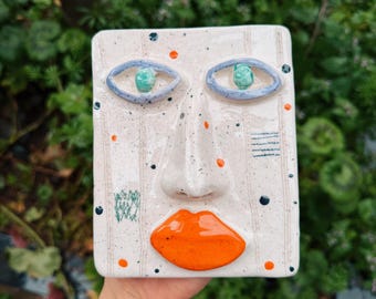Ceramic Abstract Face Art – Handmade Wall Sculpture, Whimsical Modern Decor Piece