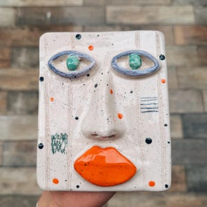 Ceramic Abstract Face Art – Handmade Wall Sculpture, Whimsical Modern Decor Piece