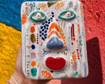 Handmade Ceramic Face Wall Mask: Abstract Colorful Sculpture, Home Decor
