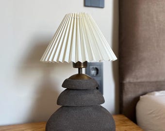 Handmade Black Stoneware Table Lamp: Sculptural Ceramic with Pleated Shade