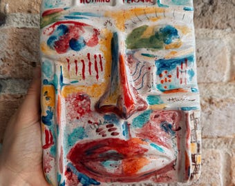 Handmade Ceramic Face Wall Art: Colorful Glazed Clay Panel