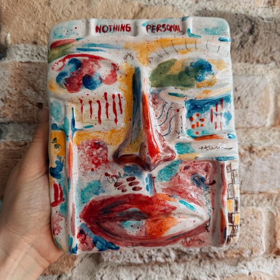 Handmade Ceramic Face Wall Art: Colorful Glazed Clay Panel