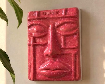 Pink Ceramic Face Wall Art, Handmade Sculptural Wall Decor