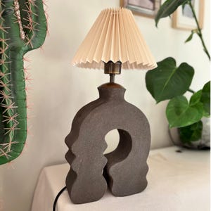 Handmade Ceramic Lamp , Black Minimalistic Stoneware Table Light , Minimalist Stoneware Lamp – Modern Clay Table Light with Beige Lampshade