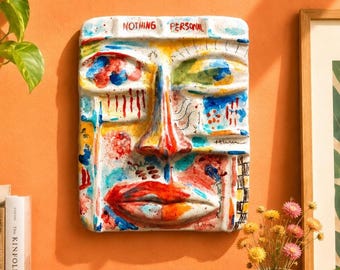 Handmade Ceramic Face Wall Art: Colorful Glazed Clay Panel