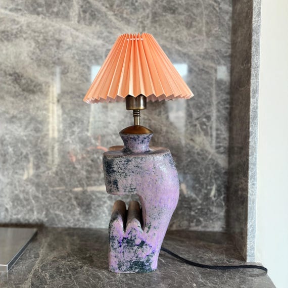 Handmade Ceramic Table Lamp: Pink Purple Glaze, Orange Shade
