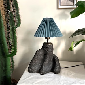 Handmade Ceramic Table Lamp – Boho Stoneware Lamp with Blue Shade – Minimalistic Pottery, Funky Neutral Lamp, Bedside Lamp