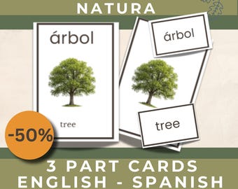 Schede didattiche stampabili in spagnolo e inglese Natura. Schede bilingue in 3 parti per la scuola materna e l'istruzione parentale. Montessori