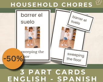 Household Chores. Practical Life Flashcards. Spanish English. Preschool Chores Printable. Montessori
